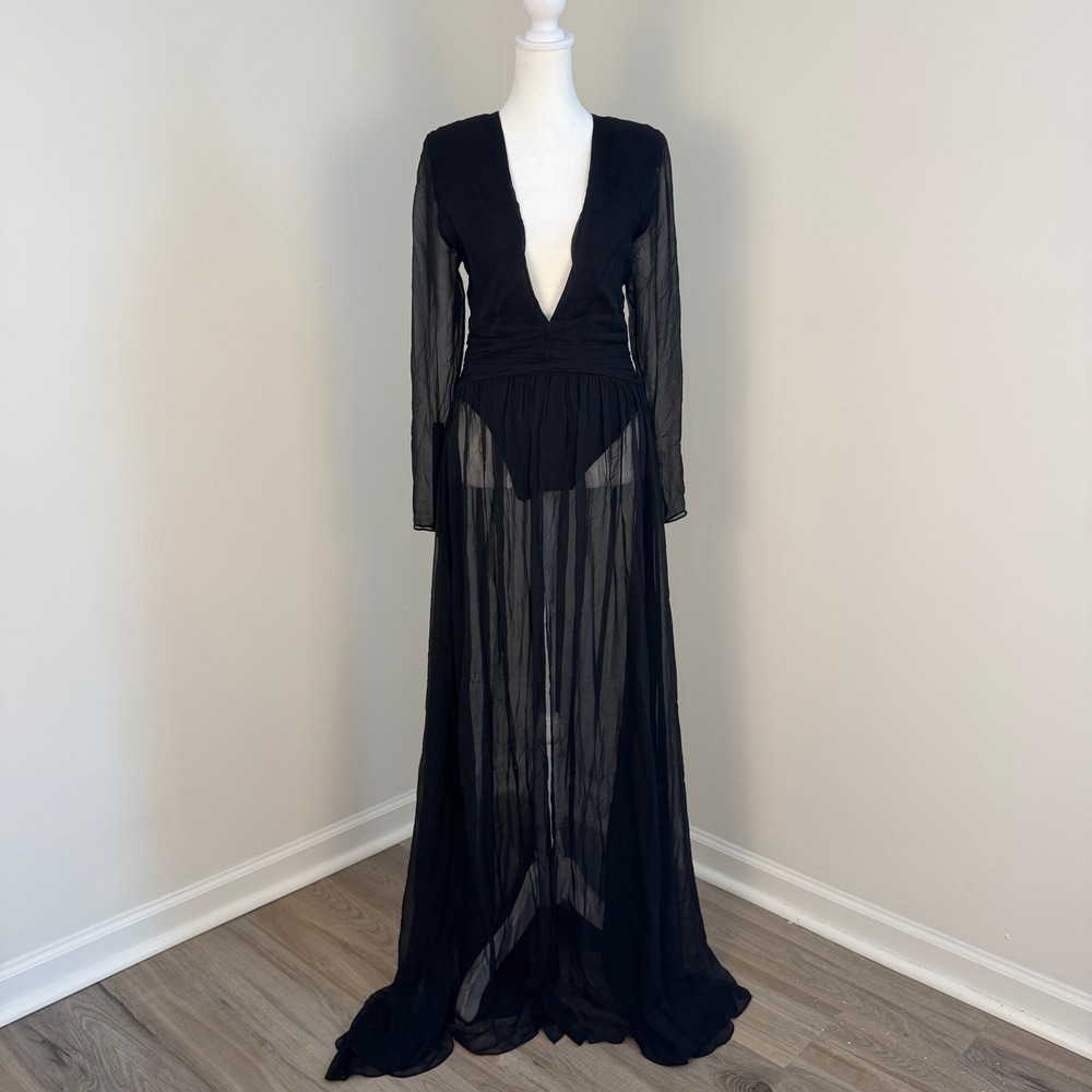 Retrofete Angela Dress Women M Black Silk Pleated‎ Sheer Sleeve Maxi Romantic